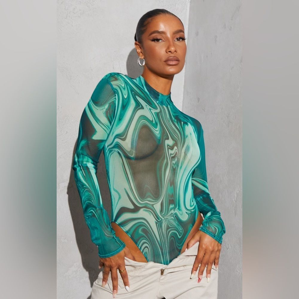 Sheer Green Marble-Print Long Sleeve Top